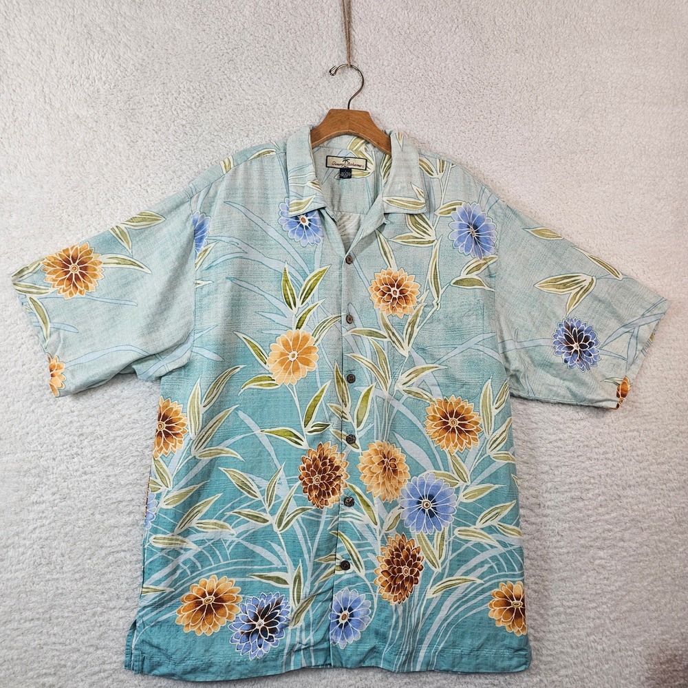 Tommy Bahama Relax Men Large Silk Floral Camp Shirt 90s Y2K Teal Orange Tropical